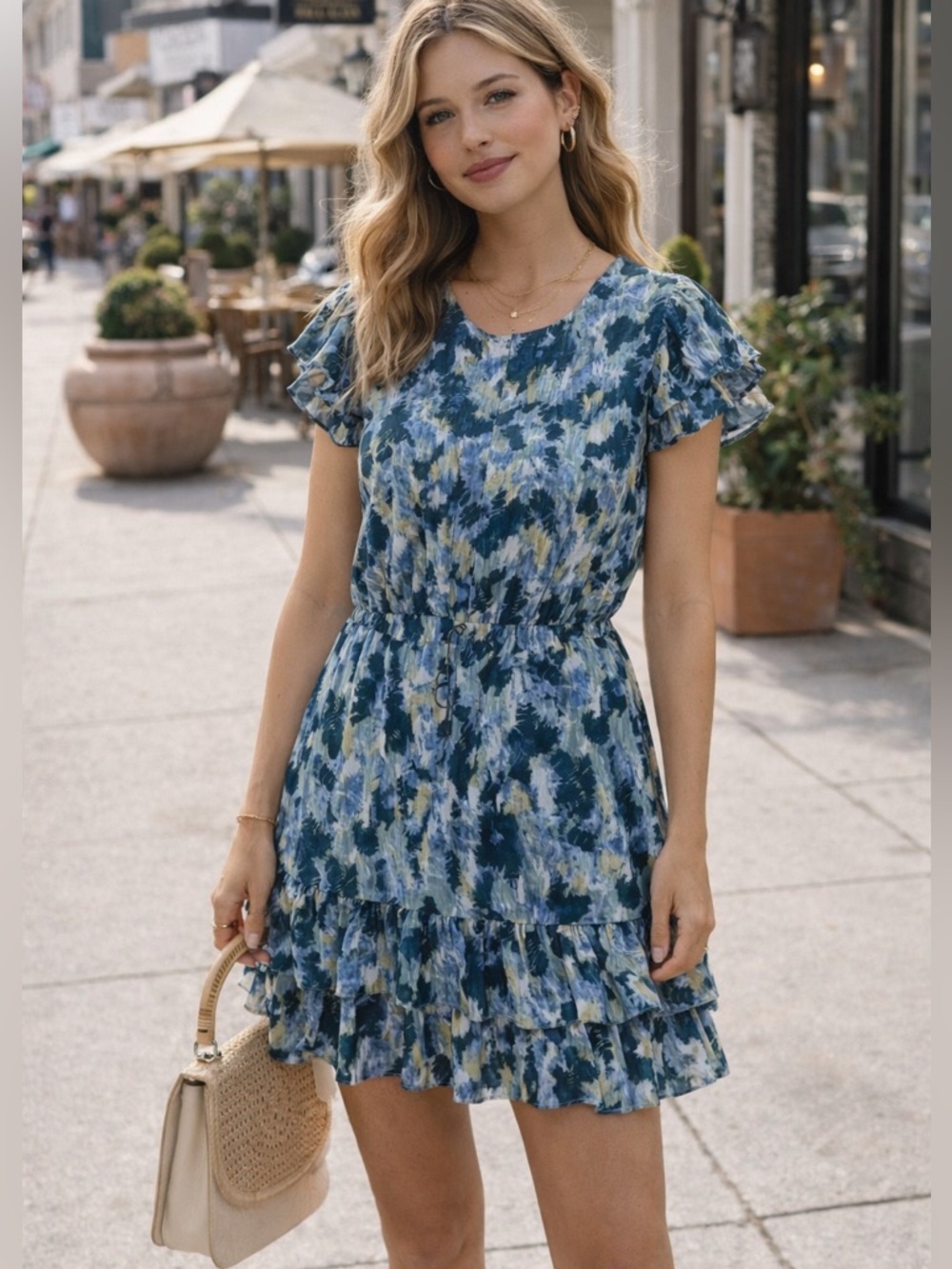 Rare NWT boutique dress rainforest print dress ruffle sleeves ruffle hem layered